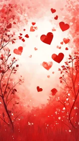 Red cardiac silhouettes suspended among gradient floral field composition