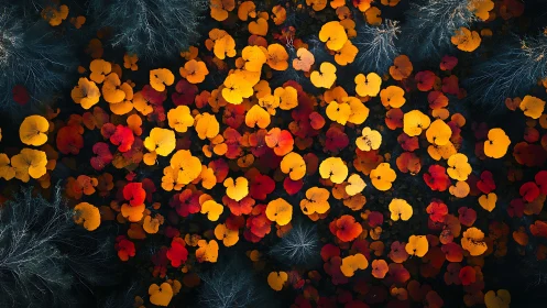 Autumn foliage canopy captured in high-contrast aerial composition