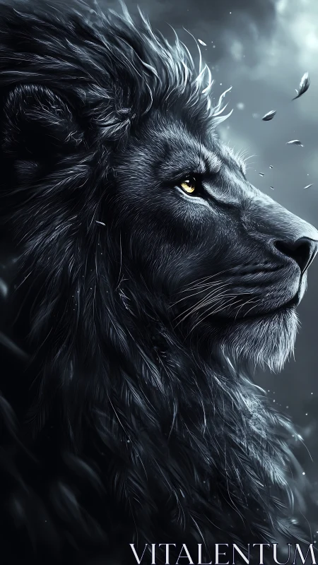 Monochromatic side-profile lion rendered in high-detail digital chiaroscuro.