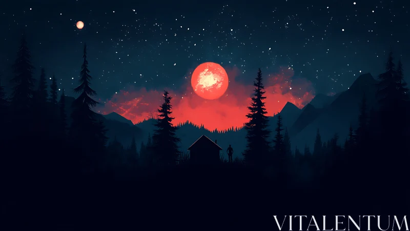 Silhouetted forest cabin under crimson supermoon sky glow