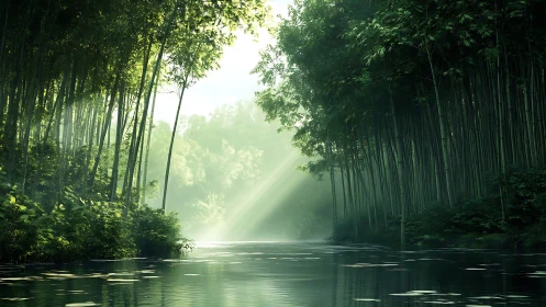 Misty Bamboo Forest Stream with Radiant Light.