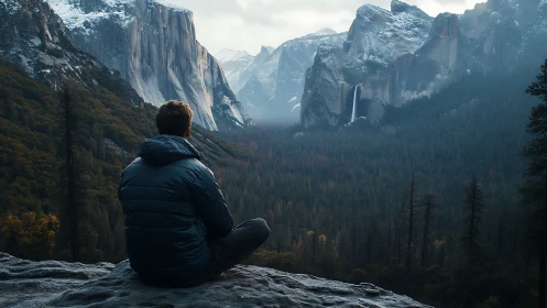 Solitary figure seated before expansive forested valley