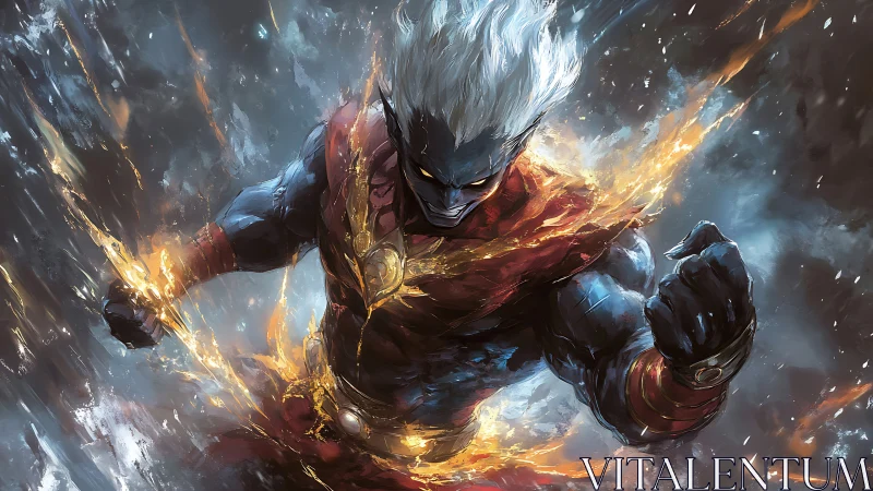 Energy-charged superhuman surges forward in dynamic combat pose