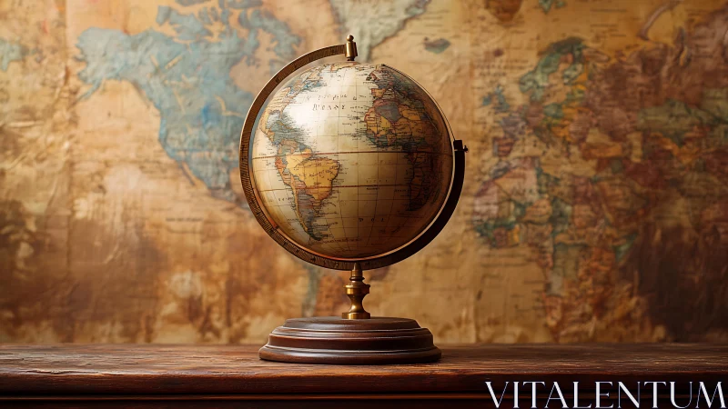 Vintage world globe on wooden base before old map.