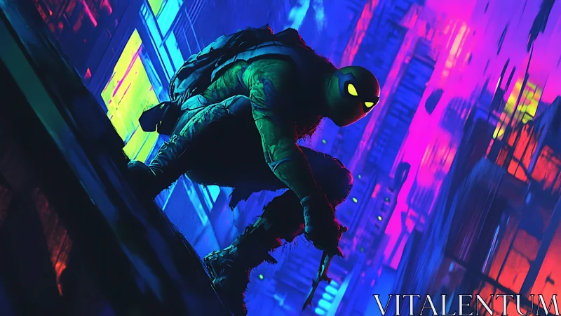 Neon-clad vigilante crouches in a rain-soaked cyber alleyway