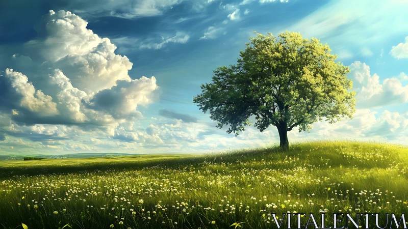 Solitary meadow guardian basking beneath wandering summer clouds.