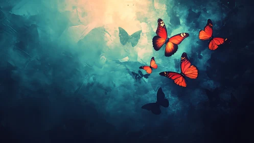 Monarch butterflies in luminous teal abstract atmosphere.