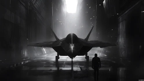 Midnight hangar meeting with a lone futuristic jet waiting.