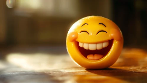 High-gloss laughing emoji sphere under warm directional lighting