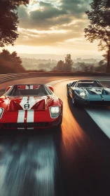 Two classic race cars on curved track at sunset.