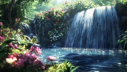 Lush floral waterfall cascades into reflective forest pool