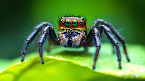 Macro study of iridescent jumping spider on leaf with shallow focus