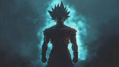 Silhouetted warrior ignites within a glowing blue energy storm.