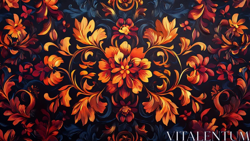 Radiant orange floral arabesque over deep midnight ground.