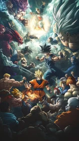 Battle-ready anime warriors converge in dense vertical composition