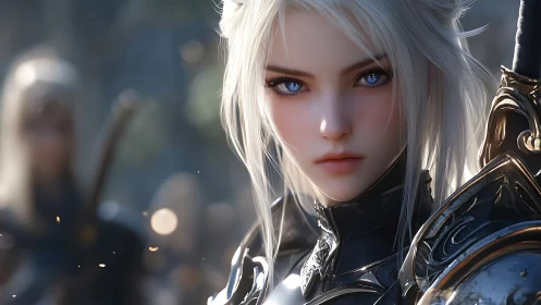 Silver haired armored warrior with intense blue gaze.
