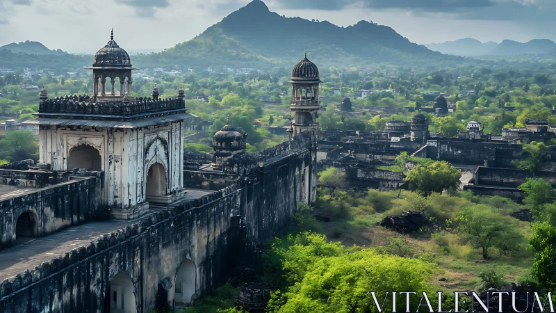 Historic walled complex extends across verdant valley plain