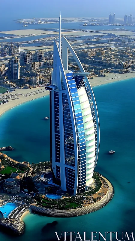 Skyscraper hotel stands on artificial island in coastal city