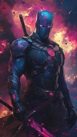 Armored cyber-assassin with neon blades in volatile plasma field.