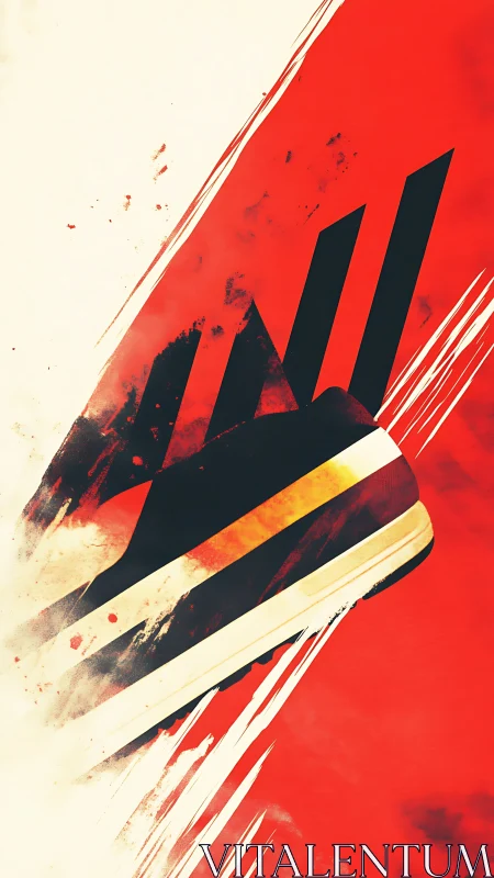 Stylized sneaker illustration intersects diagonal red fields