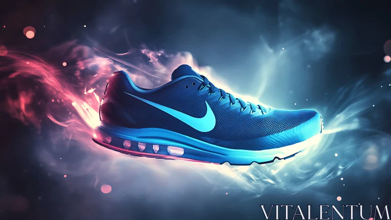 Futuristic blue running shoe floats in glowing energy halo.