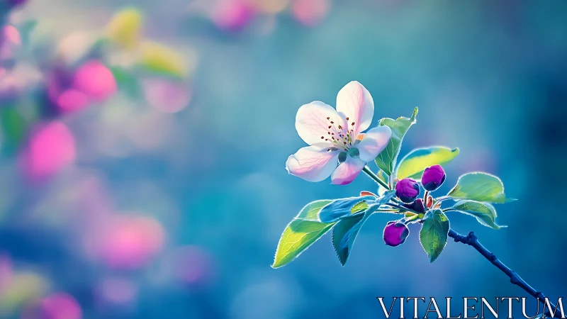 Close-up of single blossom on branch against soft bokeh.