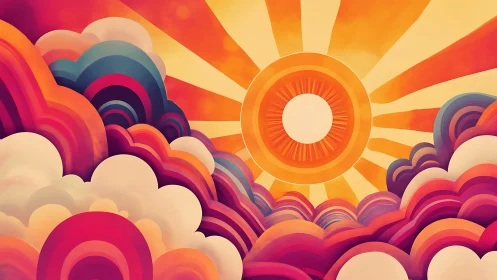 Radiant stylized sunrise illuminates layered retro clouds