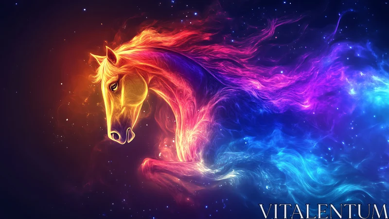 Stardust stallion gallops through neon-tinted cosmic tides