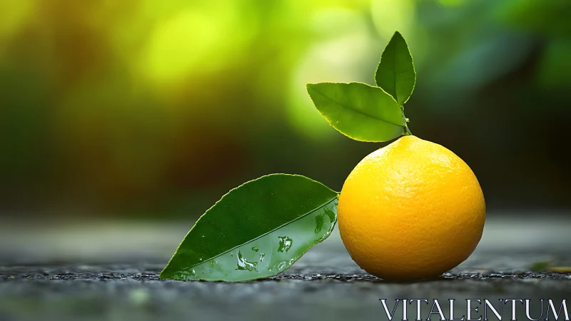 Lemon with green leaves on wet stone in soft sunlight.