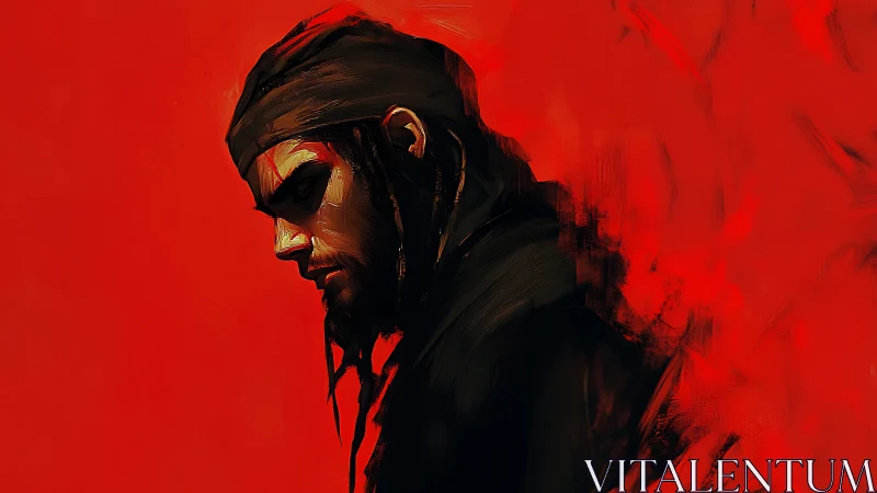 Brooding hooded man in profile against vivid red field.