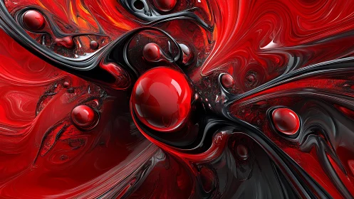 Vivid Red Abstract Art with Glossy Spheres and Fluid Motion.