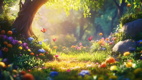 Enchanted Forest Garden: Butterflies Dancing Through Golden Blooms
