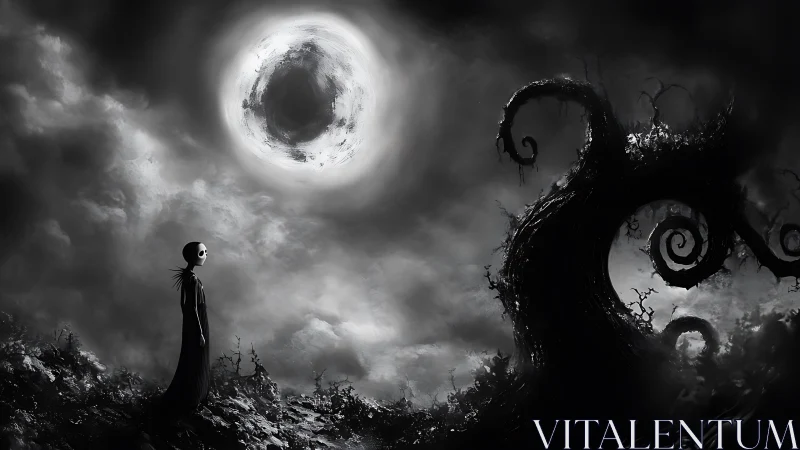 Moonlit wanderer quietly meets a twisted shadowed tree