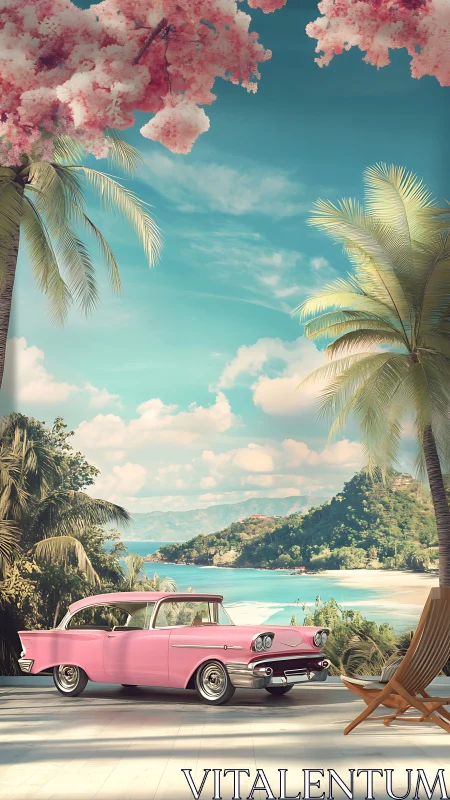 Pink classic car parked by tropical ocean terrace.