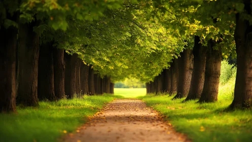 Sunlit tree-lined path invites a peaceful walk outdoors