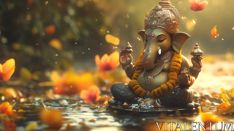 Peaceful Ganesha statue glowing in soft golden petals.