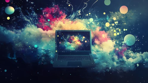Laptop gateway amid luminous digital nebula clouds.