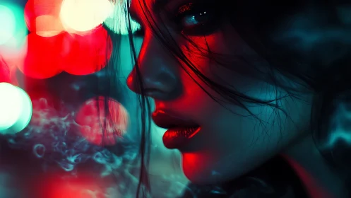 Neon-lit woman’s profile glows in moody cyberpunk haze.