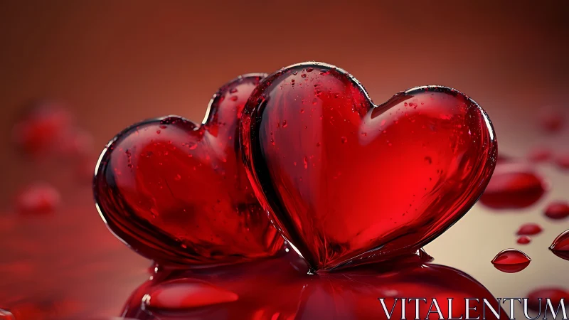 Two luminous red glass hearts intertwine on reflective surface