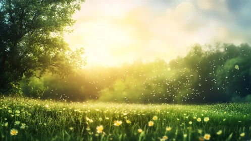 Summer meadow sunrise with glowing bokeh light effects.