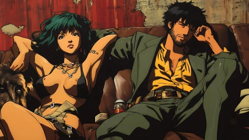 Two anime drifters lounge on worn leather sofa in decay