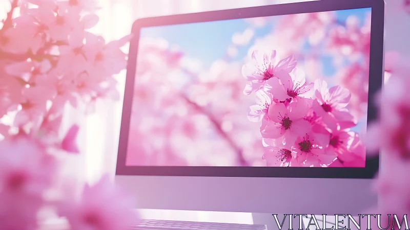Computer monitor displays close-up cherry blossom photograph
