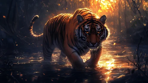 Cinematic low-angle tiger strides through reflective jungle water