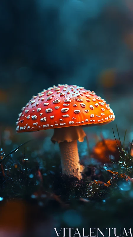 Moonlit red toadstool glowing in a quiet forest nook.