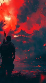 Lone soldier watches burning temple under a storm red sky