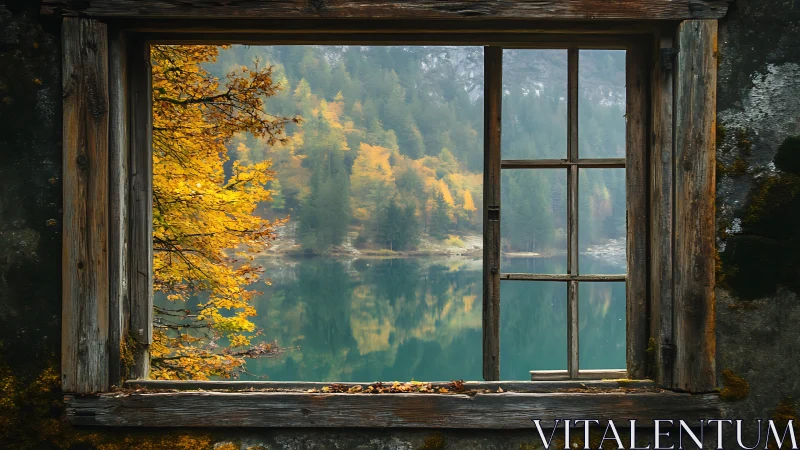 Old wooden window framing calm autumn lake and forest scene.