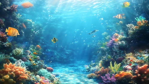 Coral reef scene with tropical fish in clear blue water.