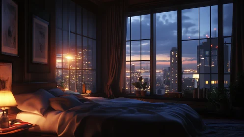Twilight city skyline through floor-to-ceiling bedroom windows