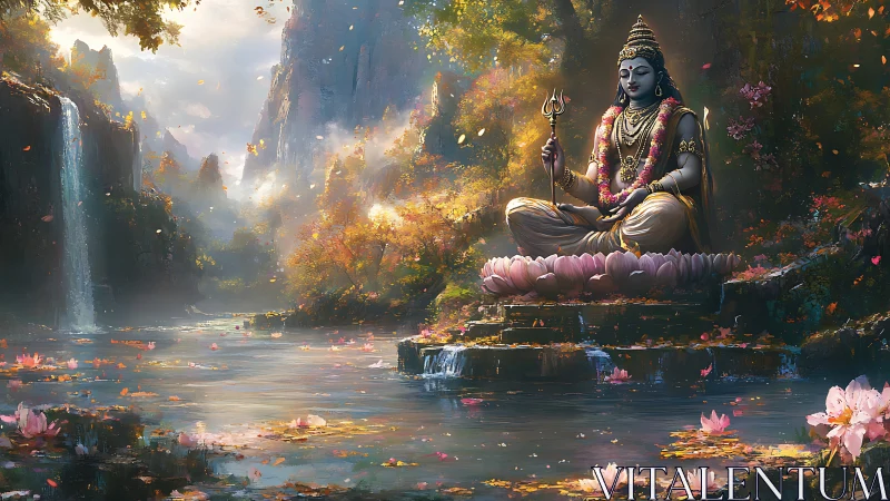 Divine lotus deity beside misty waterfall in forest shrine.