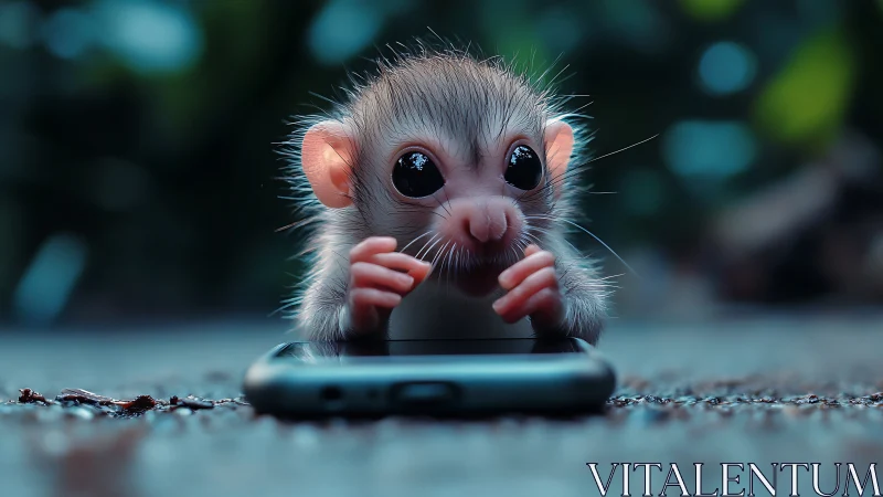 Wide-eyed baby monkey guards a mysterious glowing phone.